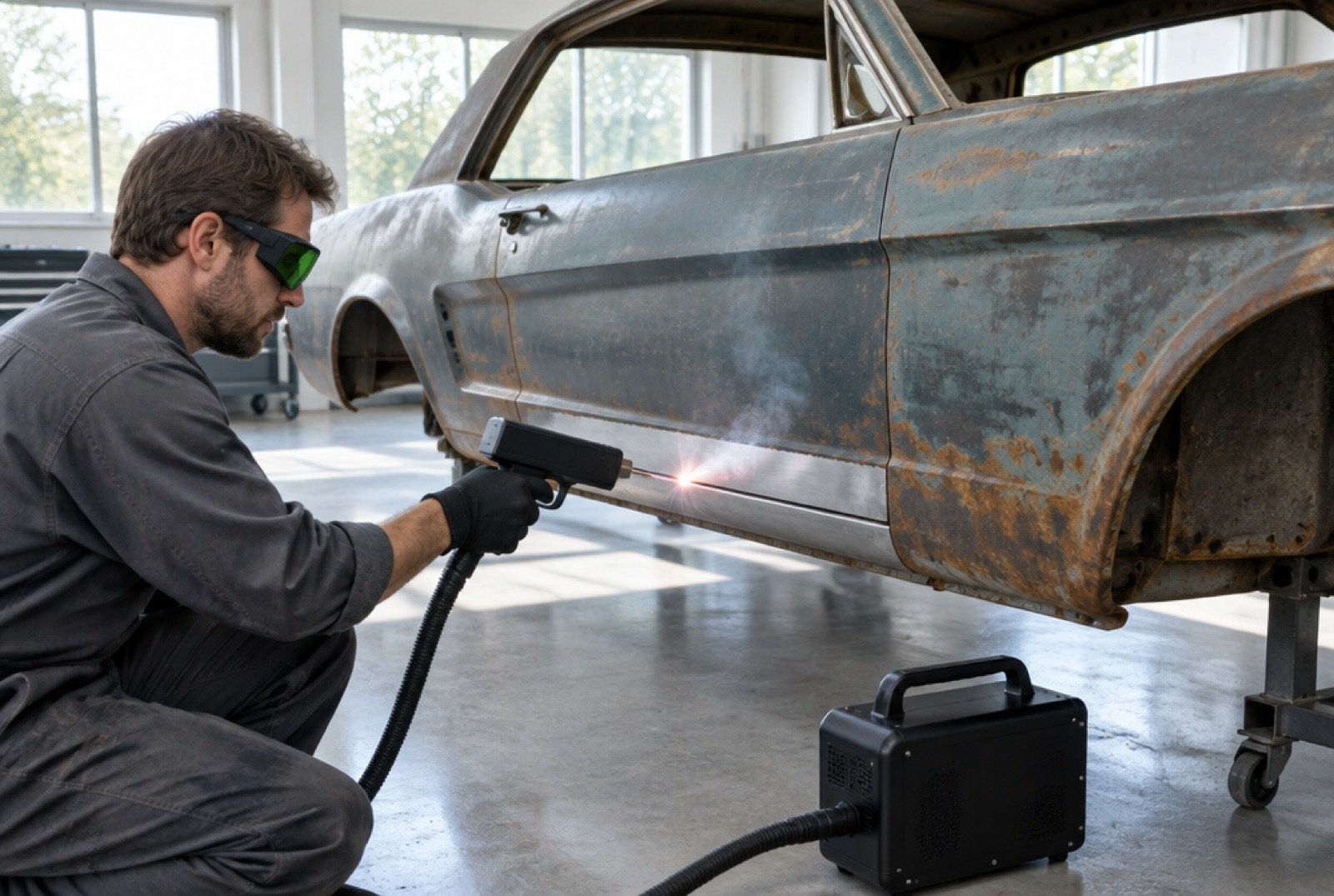 Tekniker med laserbriller renser terskelen på et veteranbilkarosseri med håndholdt laser